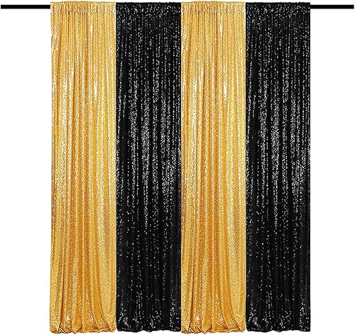 Cortina de telón de fondo de lentejuelas negras y doradas, 4 paneles de 2 x 8 pies, cortinas de fondo con purpurina brillante, telón de fondo de