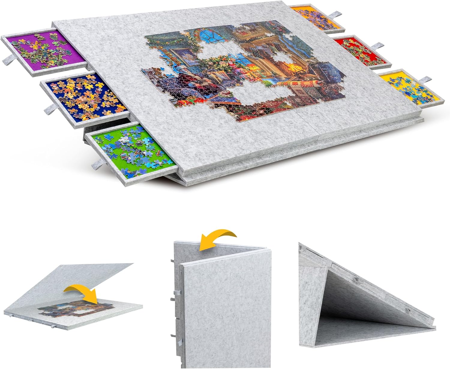 Lavievert 2000 Piece Tilting Puzzle Table with 2-in-1 Designed Stand & Cover, Lightweight Felt Puzzle Plateau with 6 Colored Drawers, Foldable & Portable Jigsaw Puzzle Board for Adults – Light Gray