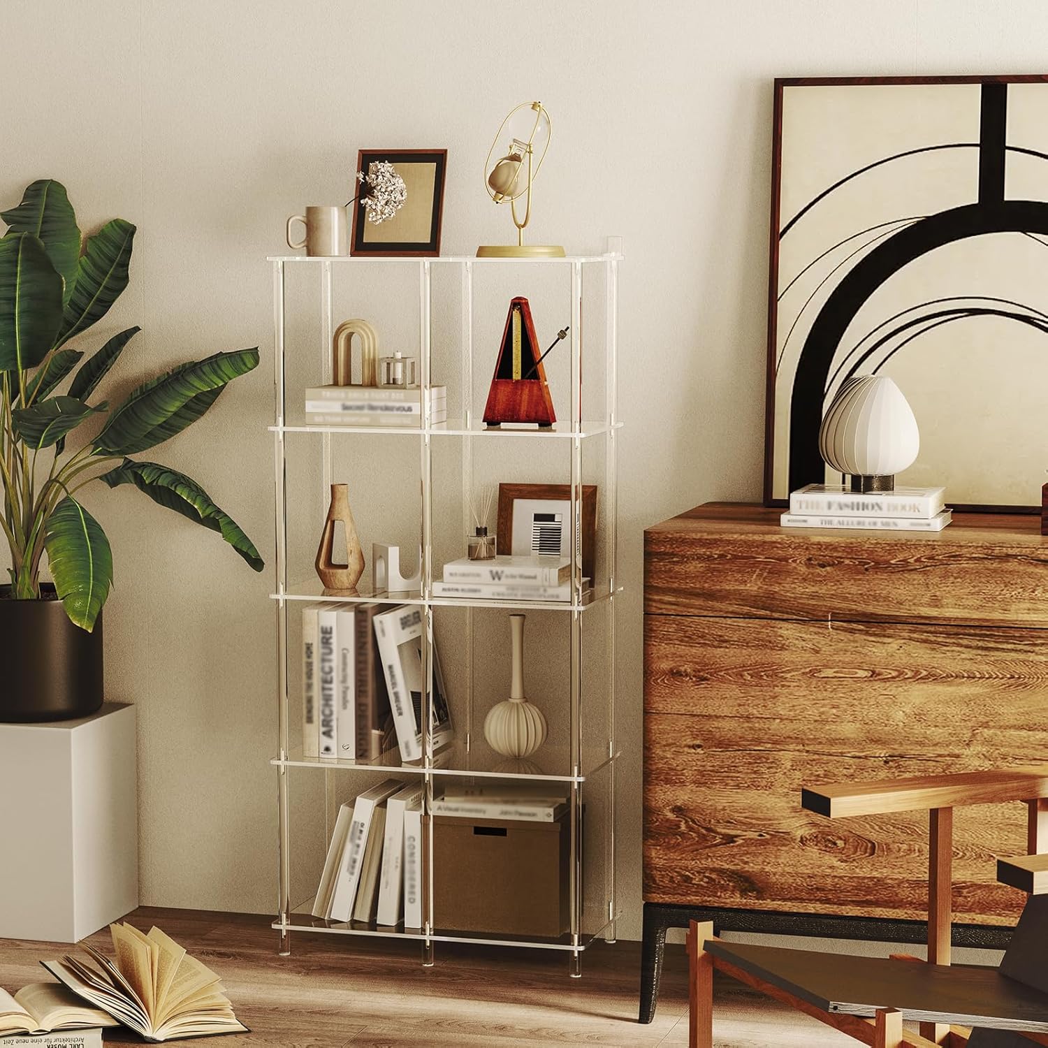 5-Tier Acrylic Bookshelf with 8 Cube Storage, Clear Bookcase for Home Office, Mordern, Multifunctional Open Book Shelves for Living Room, Bedroom, 50.8" H, Easy Assembly - Image 5