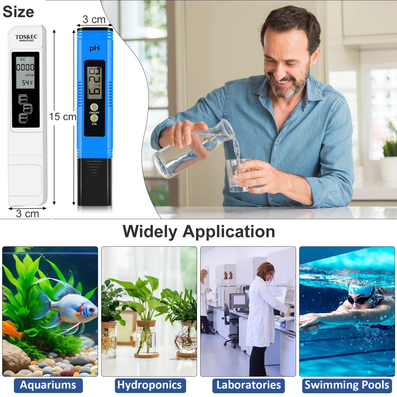 4 in 1 pH Messgerät Pool Digital, 0.01 Hohe Genauigkeit pH Wert Messgerät mit TDS Stift und LCD Hintergrundbeleuchtung für Trinkwasser, Aquarium, Schwimmbad, Spa