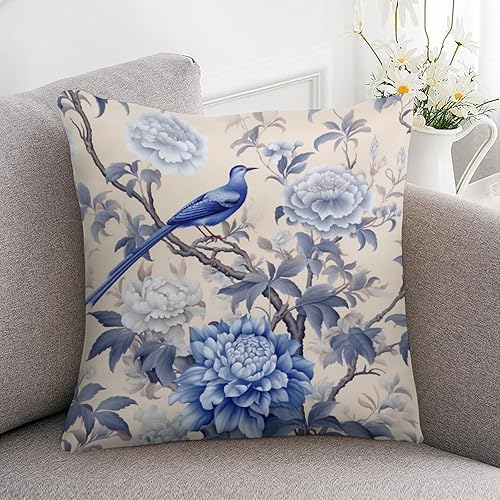 Miniatura 7 de Chinoiserie - Fundas de cojín de satén con estampado floral azul y blanco, flores de primavera y pájaros, fundas de almohada decorativas clásicas