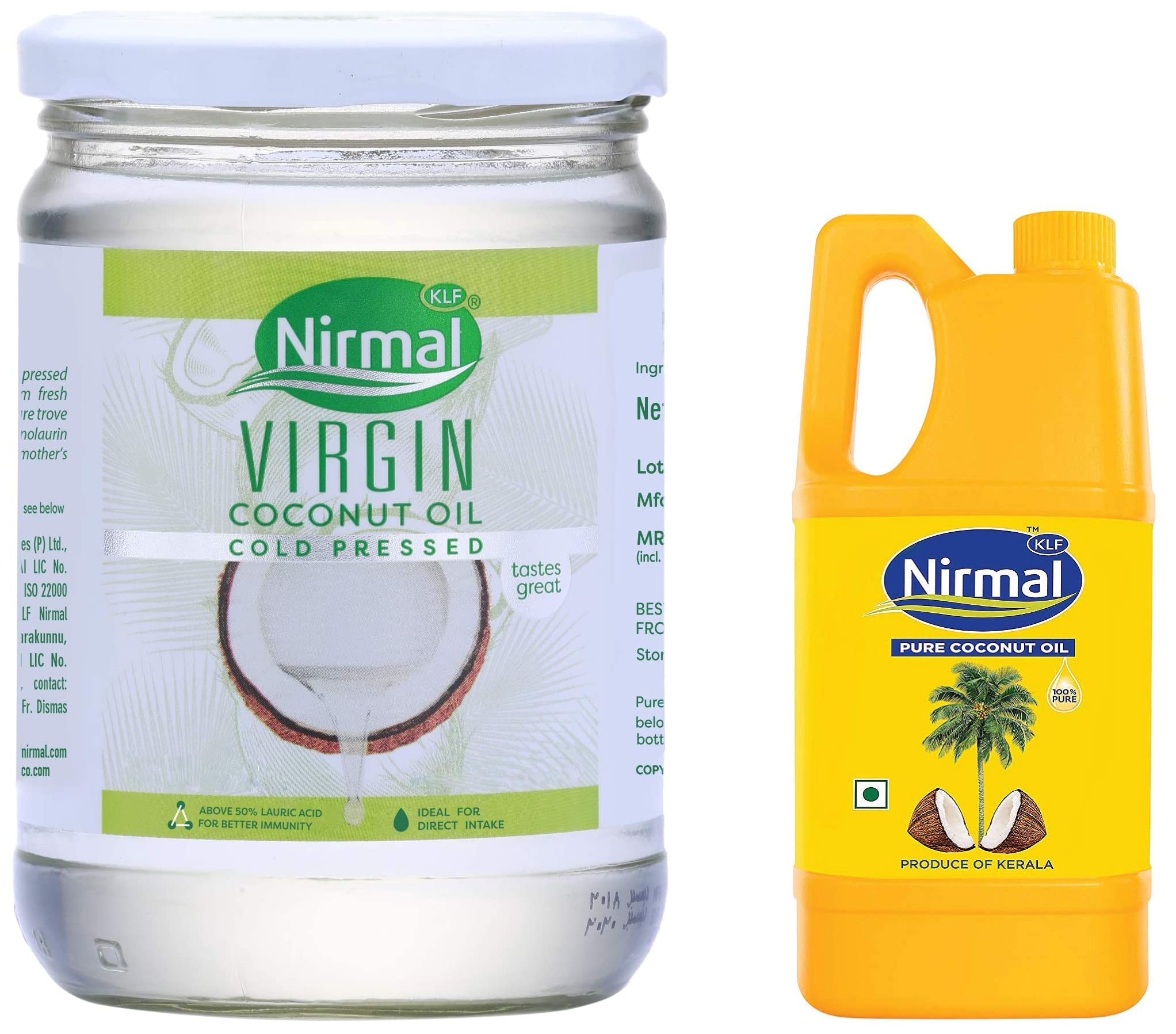 KLF Nirmal Cold Pressed Virgin Coconut Oil | 500 ml | Wide Mouth Glass Bottle |Great for Cooking & Personal Care & KLF Nirmal 100% Pure Coconut Oil, 1L Jar