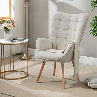 MEUBLE Cosy Sessel Relaxsessel Lehnstühle Polstersessel Einzelsofa mit Holzbein Ohrensessel für Wohnzimmer Schlafzimmer Büro Vanity, Stoff, Beige