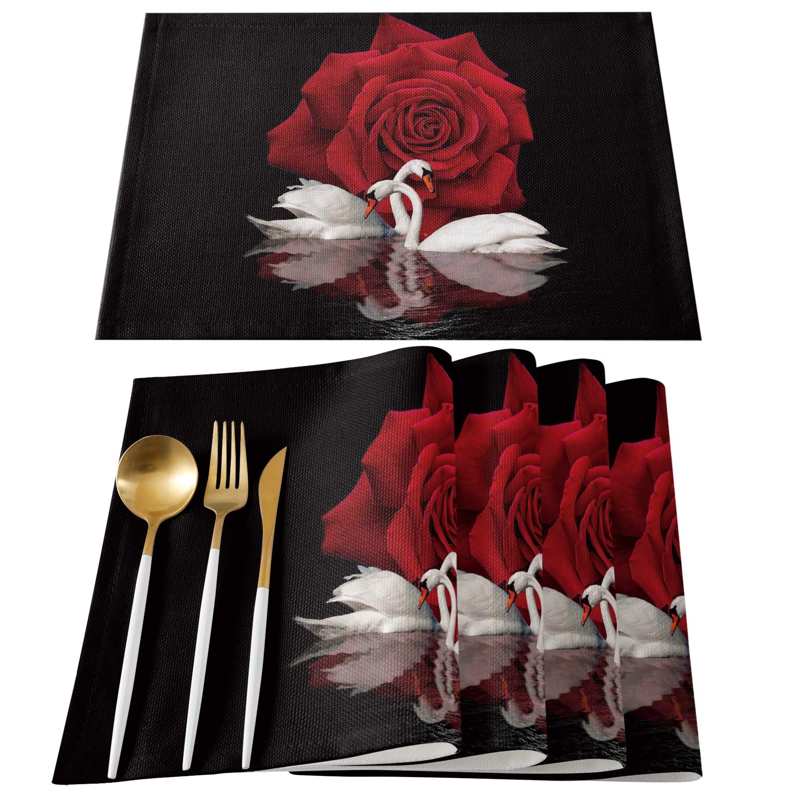 TweetyBed Valentine's Day Placemats Swans and Rose Tablemats for Dinner Table Flowers in Water Reflections Valentines Table Mats Non-Slip Washable Heat Resistant, Set of 4