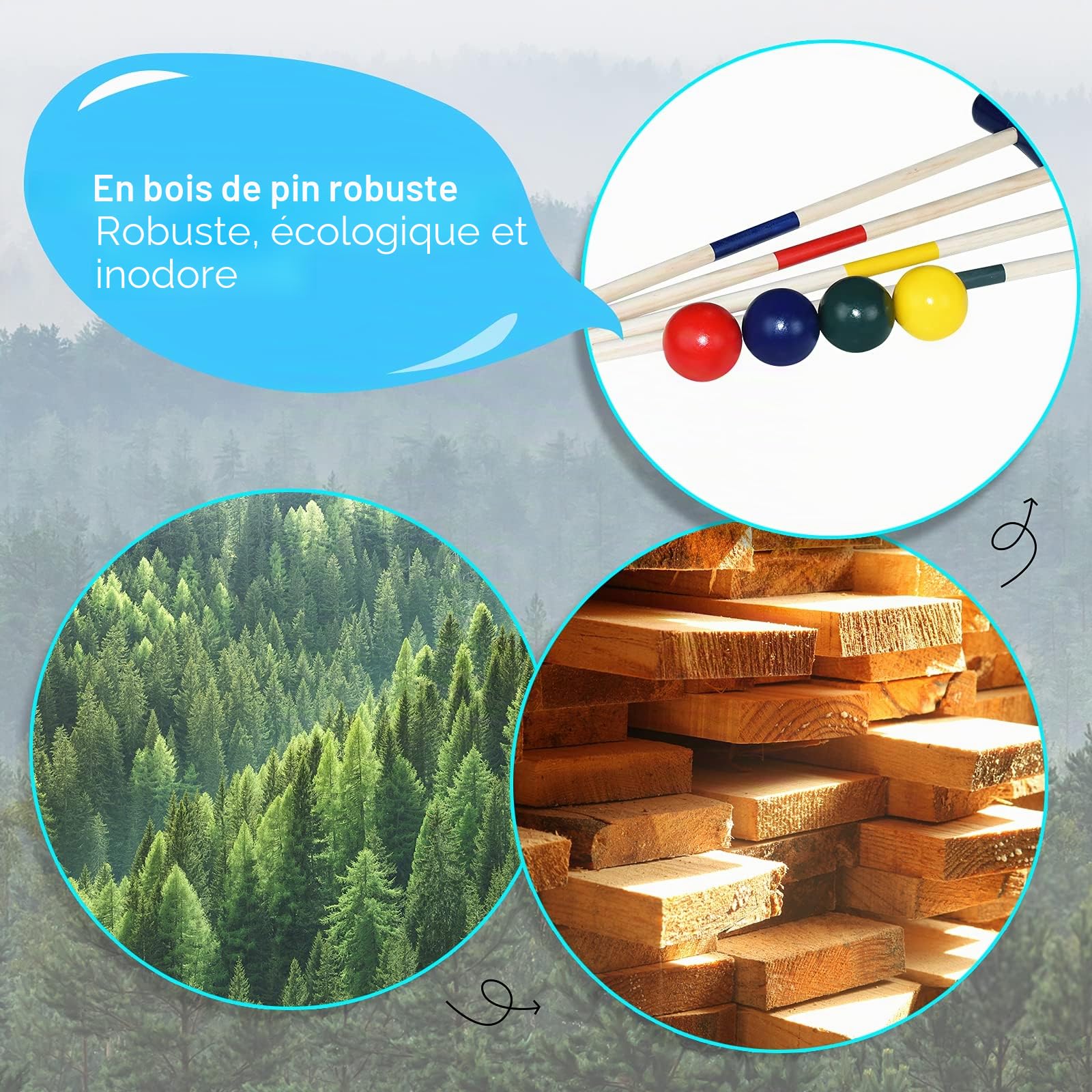 YRHome Jeu de Croquet d'Extérieur en Bois - Jouet Traditionnel pour 4 Joueurs - Enfants et Adultes - Avec Piquets, Maillets, Balles, Wickets