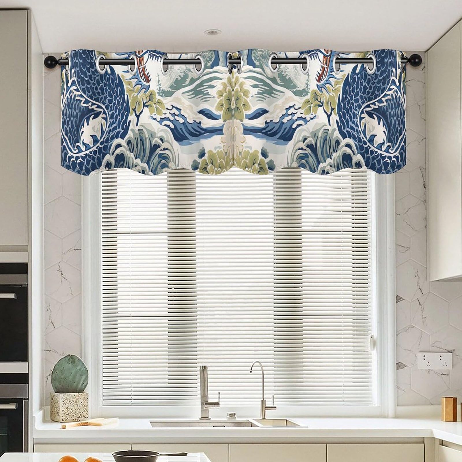 Cortinas de cocina de pagoda oriental, par de cenefas rústicas de 52x18 pulgadas