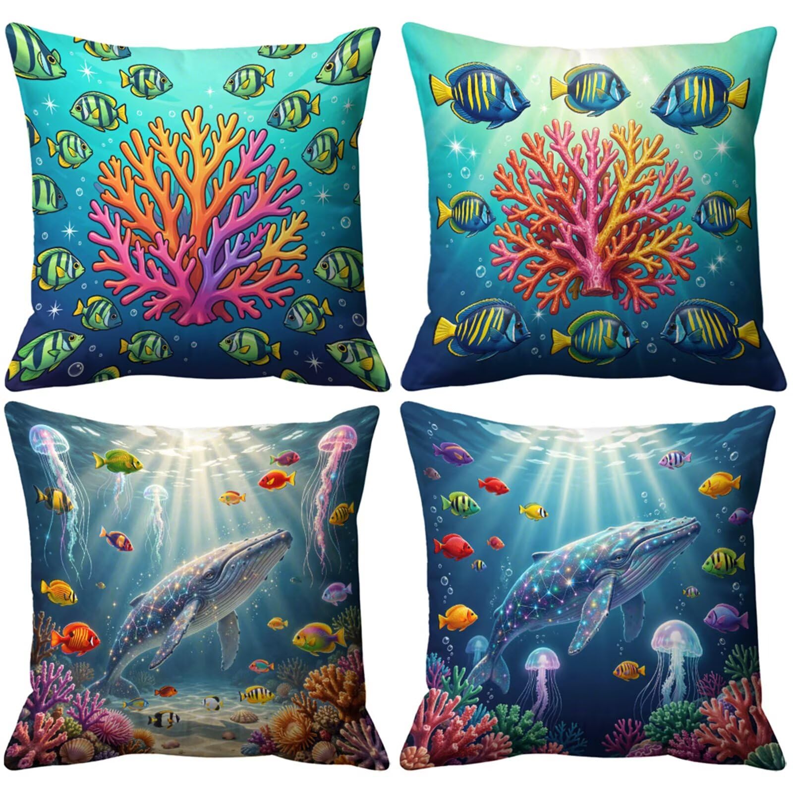 QiHon Set of 4 Decorative Linen Cushion Covers 60x60 cm, Modern Coral Whale Square Throw Pillow Cases with Invisible Zipper, Breathable Pillowcases for Sofa Couch Living Room Bedroom Garden