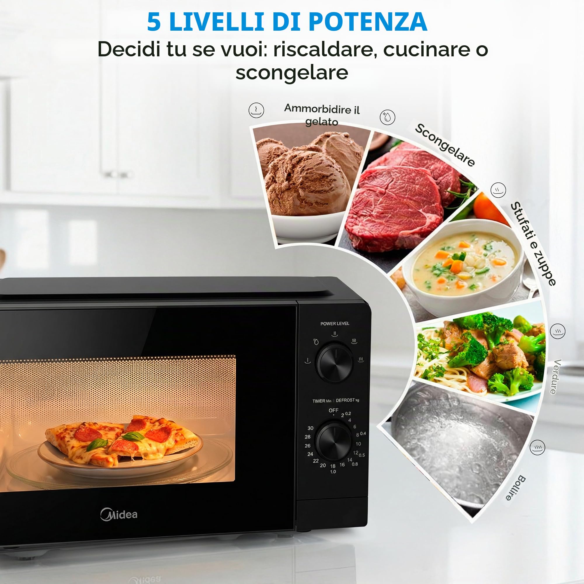 Midea Microonde da 20 litri e 700 W di potenza, forno a microonde nero da tavolo con piatto girevole, funzione scongelamento, 5 livelli di potenza, timer, forno a microonde senza grill