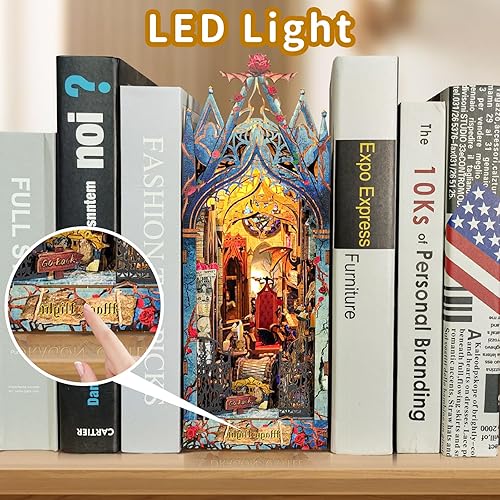 Miniatura 8 de Kit de rincón de libros, rompecabezas de madera 3D, decoración de estantería con libro mágico LED