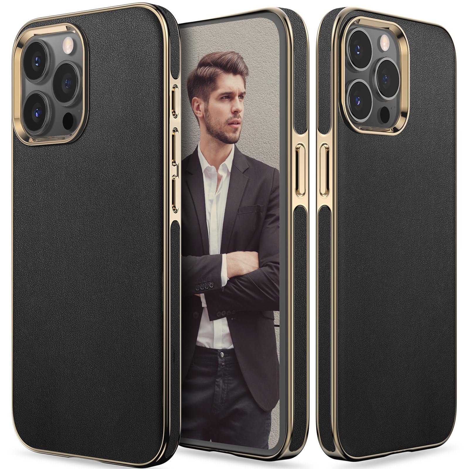 Compatible for iPhone 15 Pro Max case, Luxury Leather Business Premium Classic Cover, Anti-Slip, Scratch Resistance phone case (iPhone 15 Pro Max, Black)