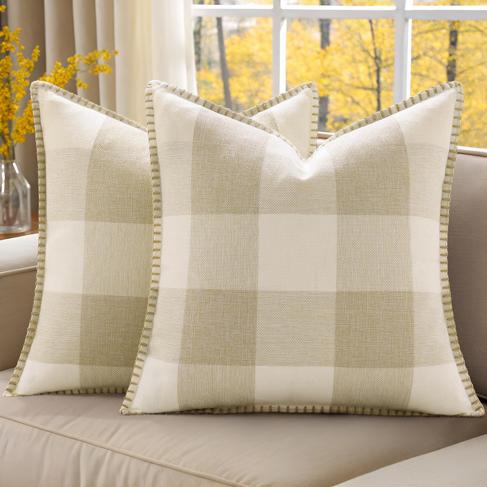 decorUhome Buffalo Check Plaid Cushion Covers Linen Farmhouse Trimmed Edge Decorative Cushion Covers for Sofa 55x55cm, Cream White and Beige, Set of 2