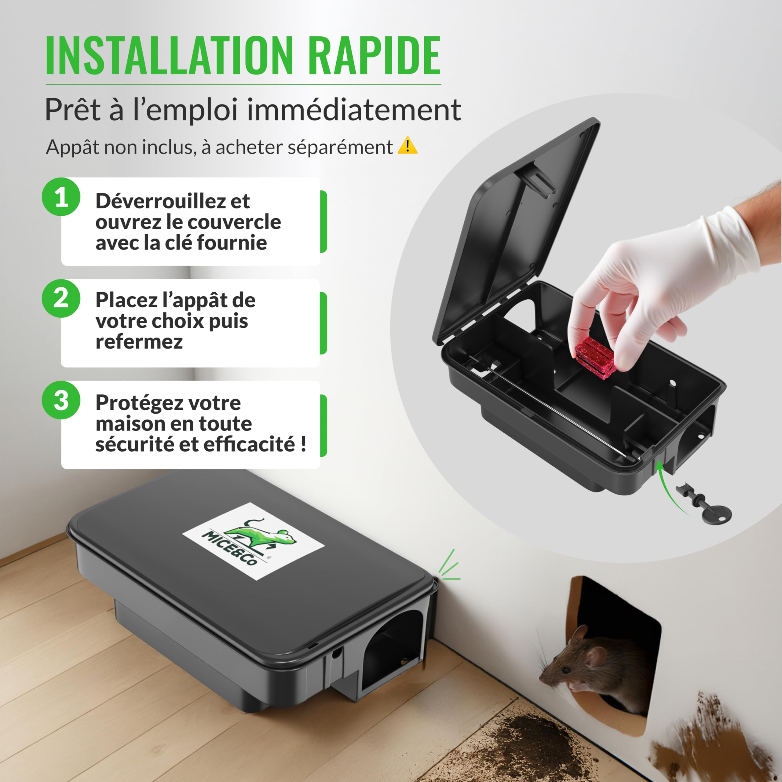 Pièges à Rats et Souris Professionnels Mice&Co – Boîte d'Appât Raticide Inviolable Sécurisée