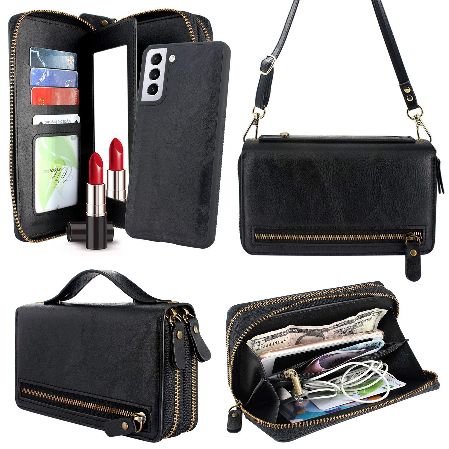 Harryshell Compatible with Samsung Galaxy S21+ S21 Plus 5G 6.7 Inch (2021) Case Wallet Multi Zipper Detachable Magnetic Cover Clutch Purse Card Slots Mirror Crossbody Chain Wrist Strap (Black)