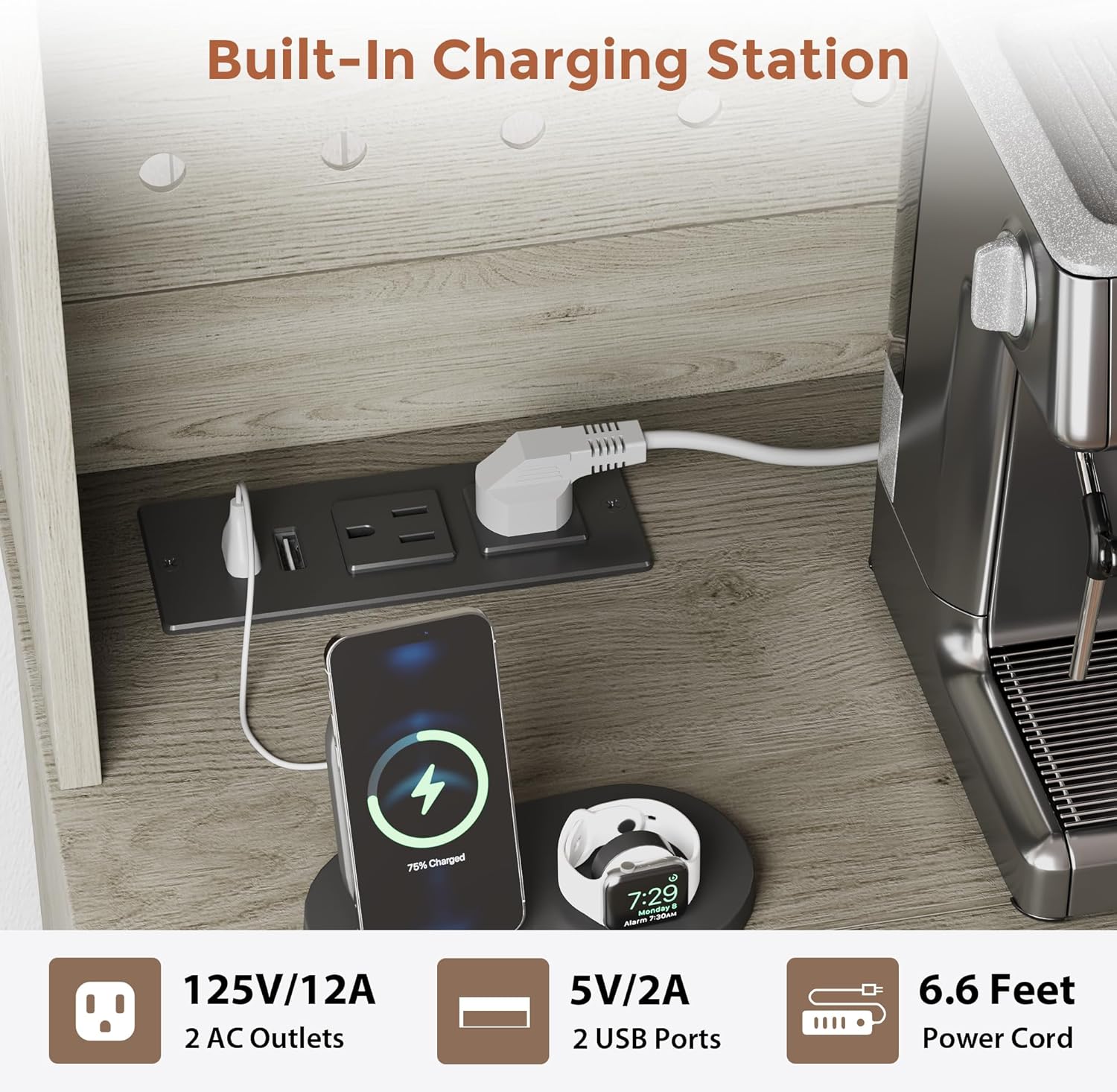 Korronte alternoko entxufeak eta USB atakak dituen kargatzeko estazioaren plano hurbila