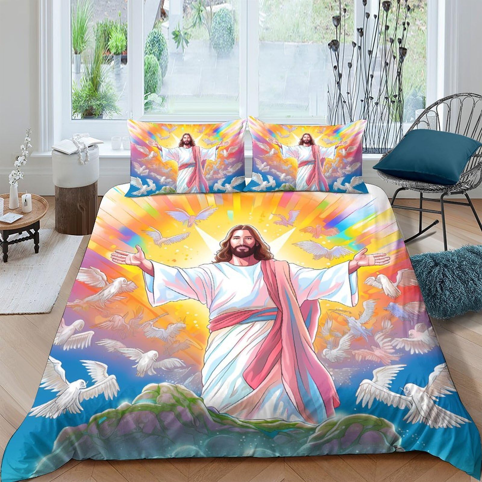 Ctjqhvkz Style-6 3D Printed Jesus Sunrise Fitted Sheet Microfiber Soft Mattress Cover Decor For Bedroom Guest Room Dust Protection Single（135X200cm）