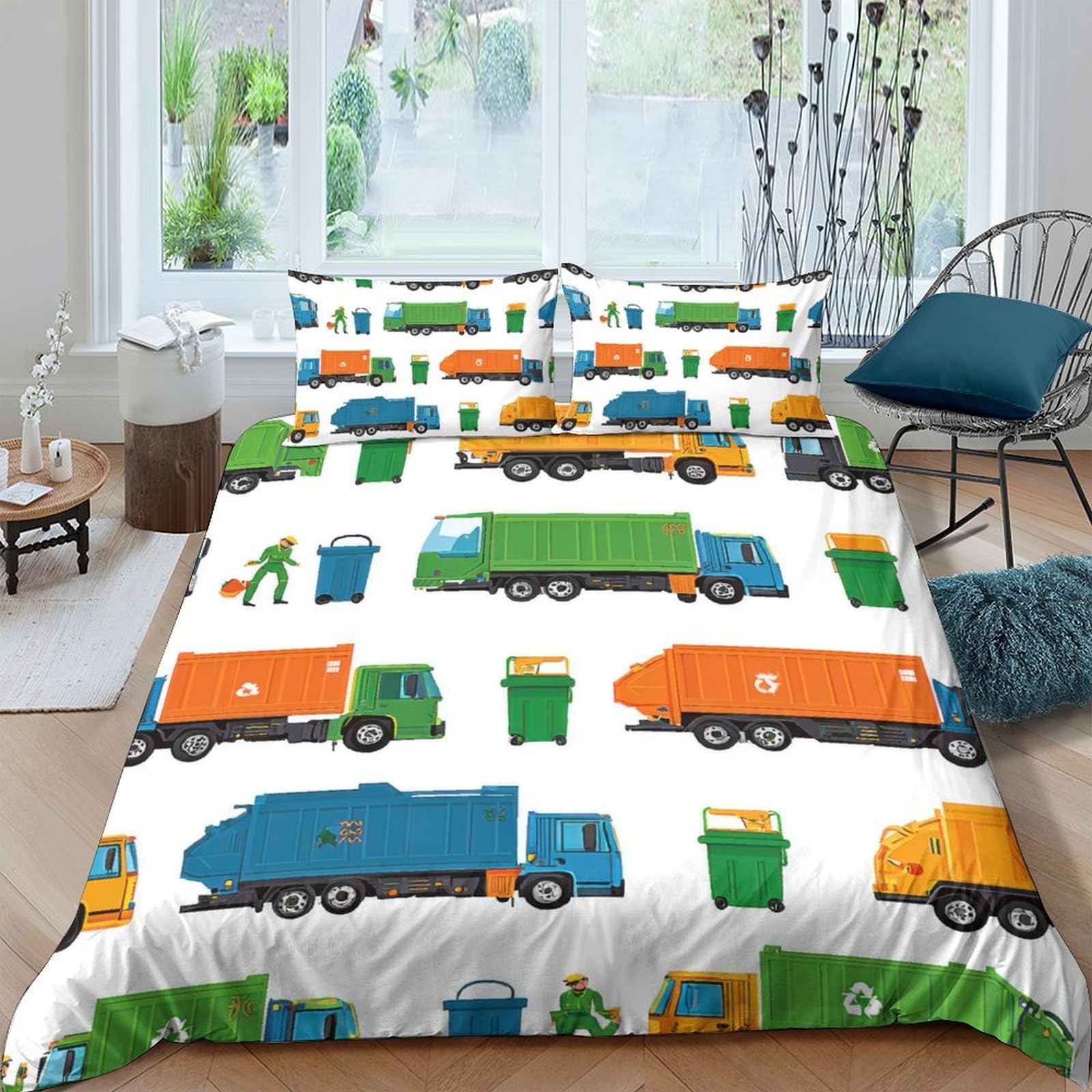 TUFRTGYHN 3D Printed Garbage Truck Duvet Cover Microfiber Bedding Set with 2 Pillowcases Colourful Recycling Vehicle Pattern for Bedroom Home Decor Single（135x200cm）