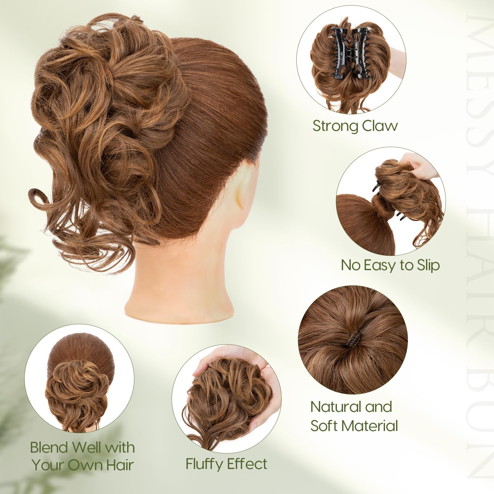 Benehair Messy Bun Hair Piece Wavy Curly Claw Clip Hair Bun Extensions Synthetic Hair Bun Donut Accessories Scrunchies Hair Pieces for Women(Dark Brown mix Middle Brown - Image 3