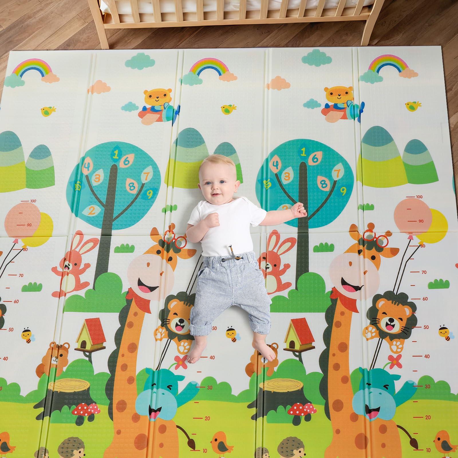 Tappetino da Gioco per Bambini, 180 x 160 cm x 1 cm, Tappeto Gioco Neonato, Tappeto Bambini Reversibile, Non Tossico, Fondo in Schiuma XPE, Pieghevole, Impermeabile, per Sviluppo Sensoriale, Giraffa