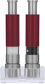 Grind Gourmet Salt and Pepper Grinder Set of 2 with Modern Thumb Push Button Red Grinder, Premium Stainless Steel, for Black Pepper, Sea Salt and Himalayan Salt, With Stand, Peppermill are Refillable
