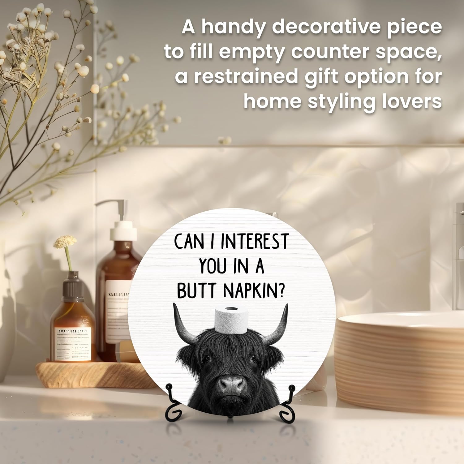 Highland Cow Bathroom Decor, 8 Inch Funny Tabletop Plaque with Stand, Rustic Farmhouse Sign for Shelf Counter Restroom Decorations Gifts for Women-A04 image 4