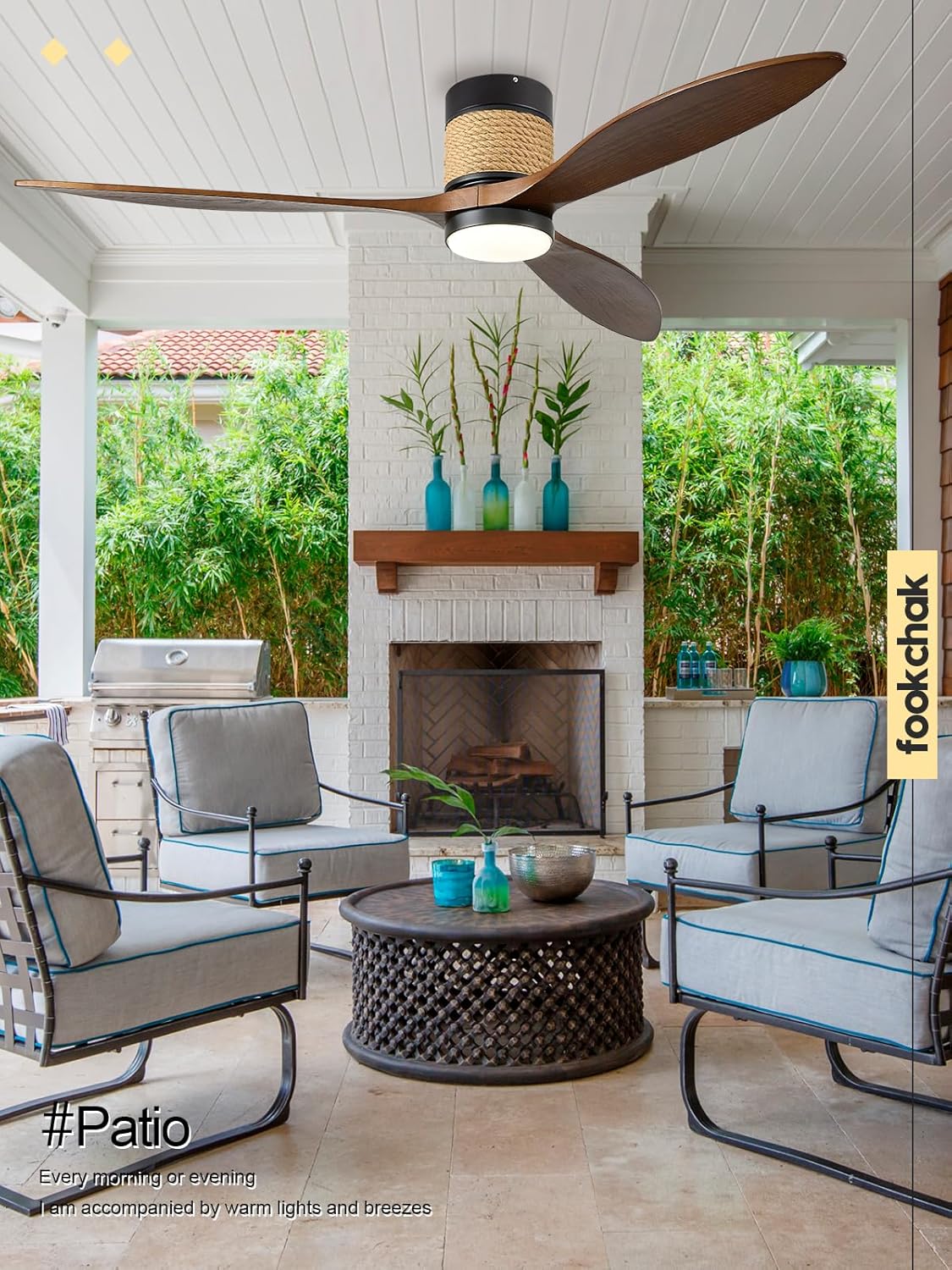 60in Dimmable Flush Mount Ceiling Fans Light with Remote Control 3 Blade Farmhouse Hemp Rope Ceiling Fan with Light Walnut Wood Black Ceiling Fan Outdoor for Kitchen Bedroom Living Room