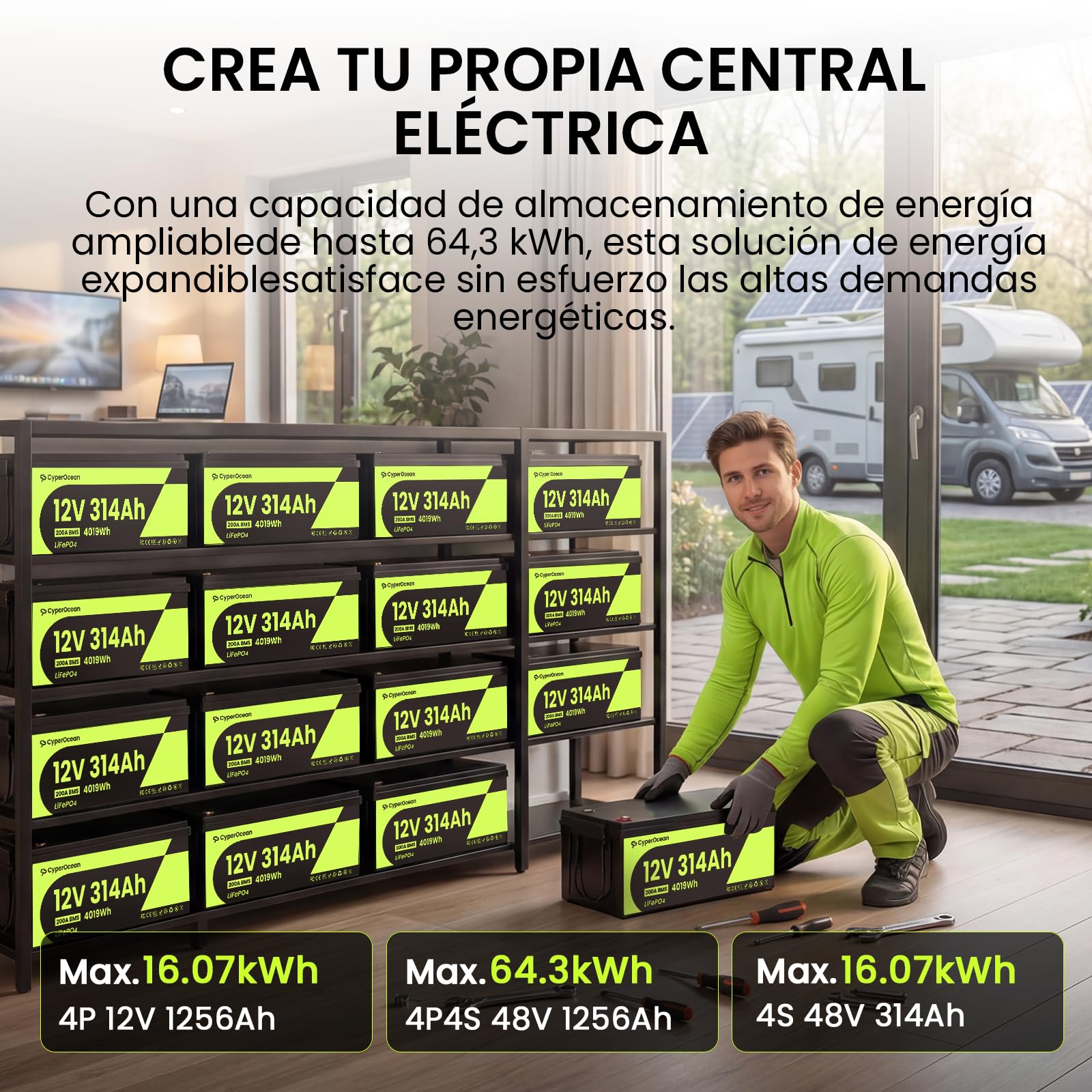 Batería LiFePO4 12V 314Ah de CyperOcean,Batería Solar de Ciclo Profundo con BMS Inteligente de 200A, Ideal para Sistemas Off-Grid, RV y Energía Residencial (4019Wh, Celdas EV Grado A)