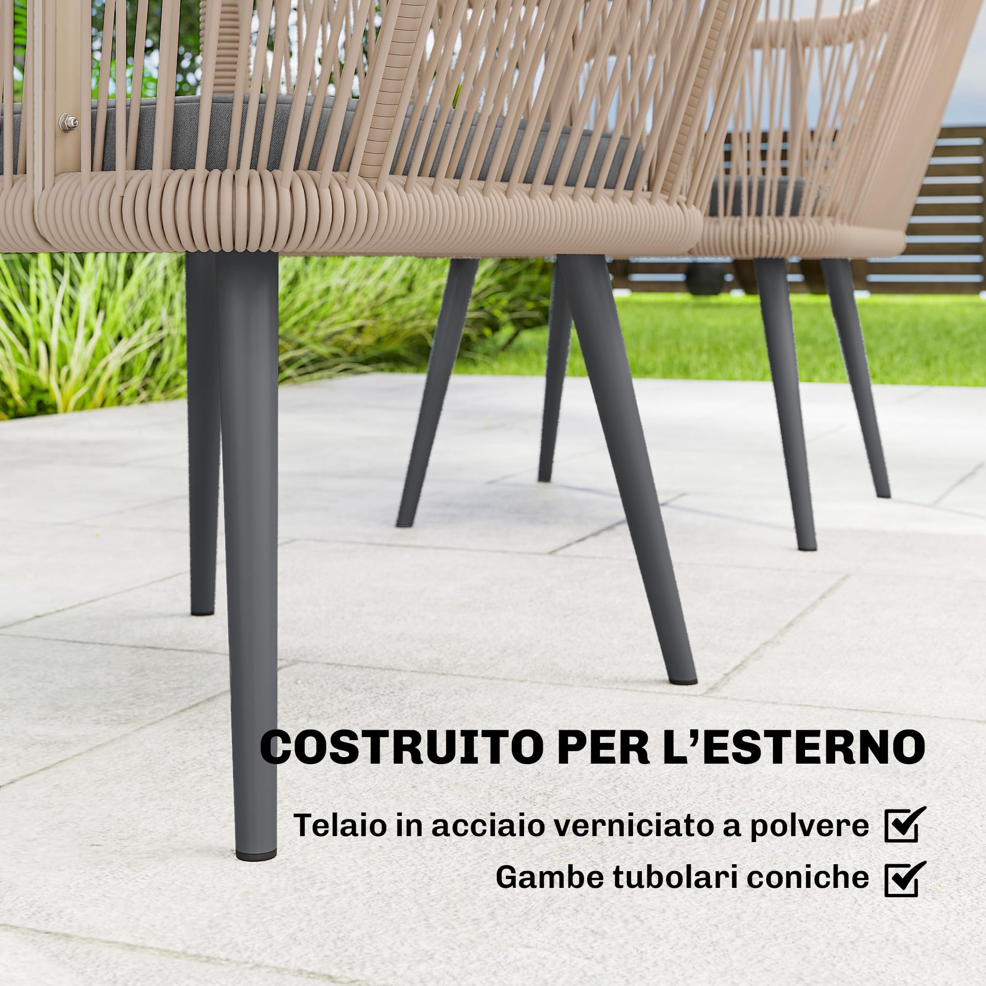Outsunny Set 2 Sedie da Giardino in Rattan PE con Cuscini Morbidi Lavabili e Braccioli, Sedie per Pranzo da Esterno in Acciaio, da Patio, Balcone, Terrazza, Esterno, 54x65x80cm, Grigio Scuro