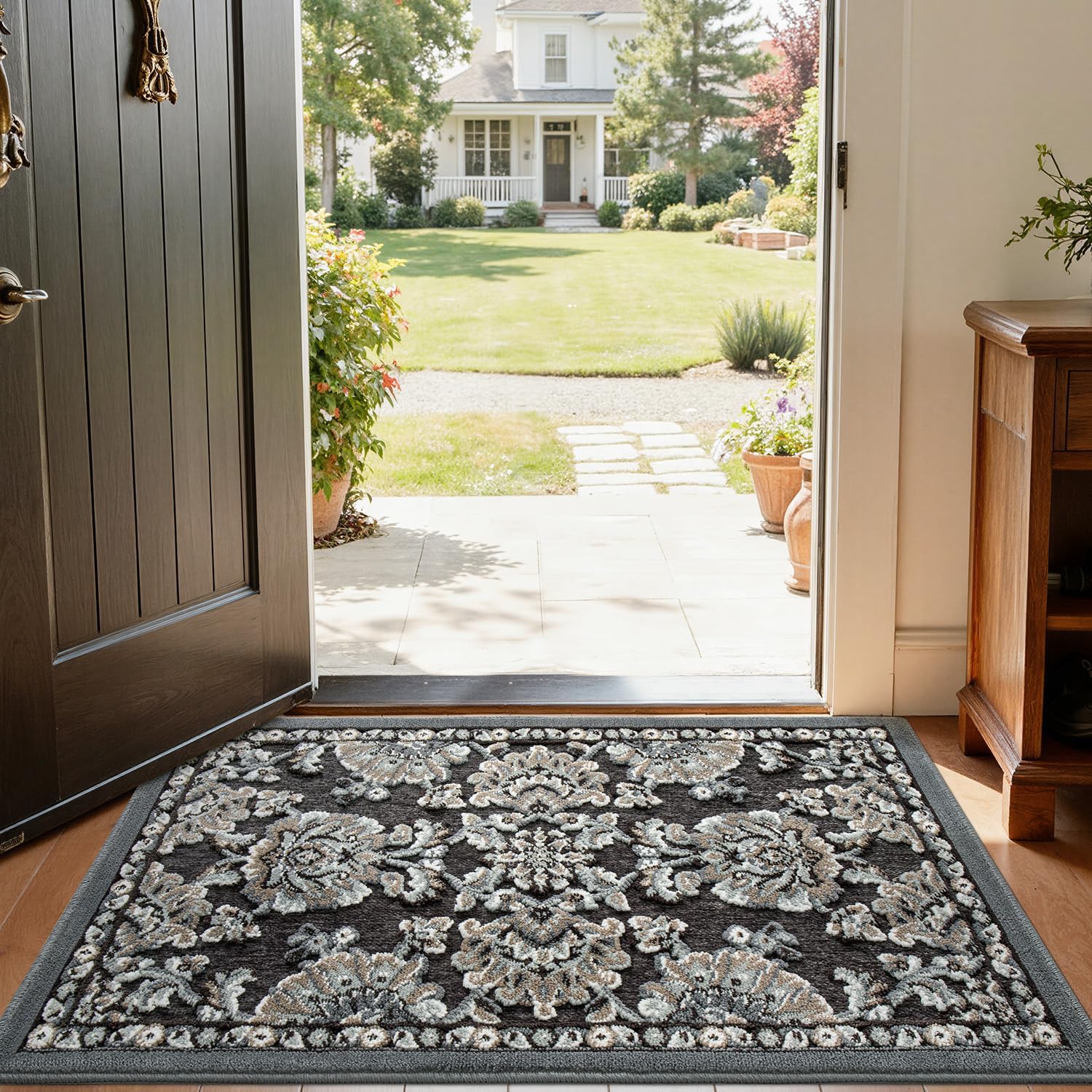 LUMI Indoor Door Mat for Entrance 26x46, Luxury Front Doormat with Non-Slip Latex Rubber Backing, Soft Washable Dirt Trapper, Flower Song (Rolled Package) - Image 9