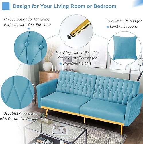 Miniatura 4 de Sofá cama futón de terciopelo de 70 pulgadas con 2 almohadas y reposabrazos ajustables, cama convertible con respaldo ajustable, sofá biplaza