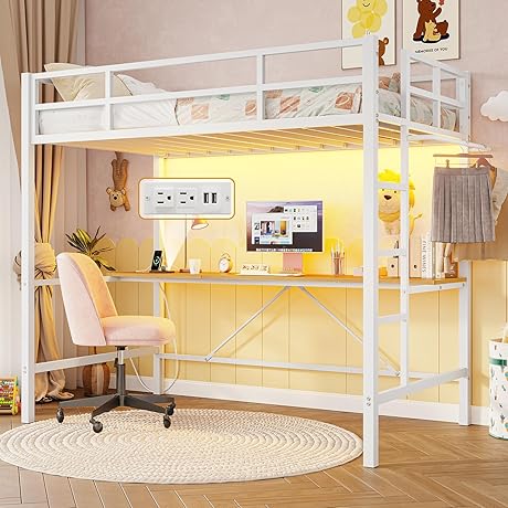 Twin Loft Bunk Bed with Desk and LED Lights, Metal Loft Bed...