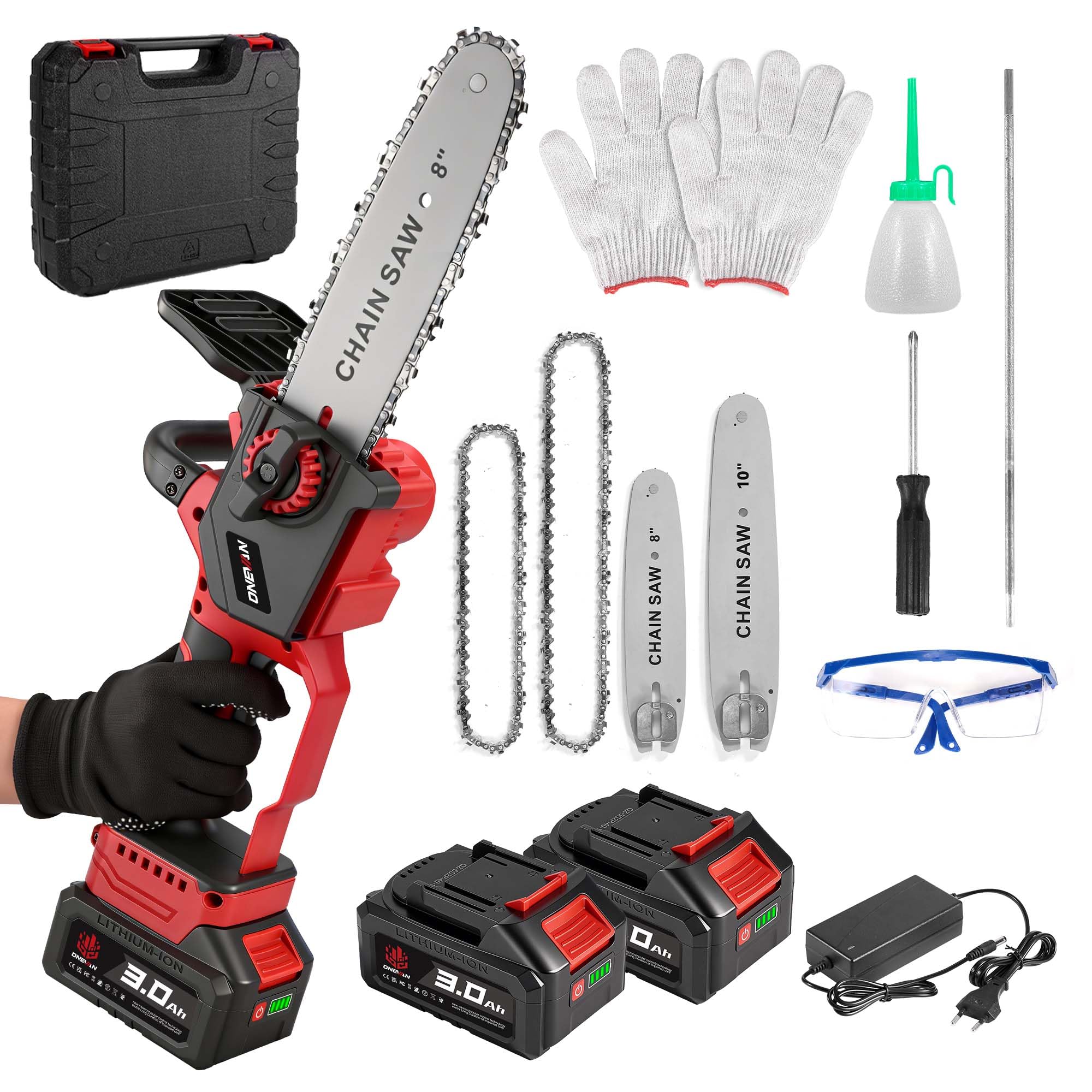 ONEVAN Motosierra inalámbrica, 8 y 10 pulgadas, lubricación automática | Con 2x 3.0Ah baterías, diámetro de corte 20 cm, velocidad de corte 10m/s, sustitución de la espada sin herramientas