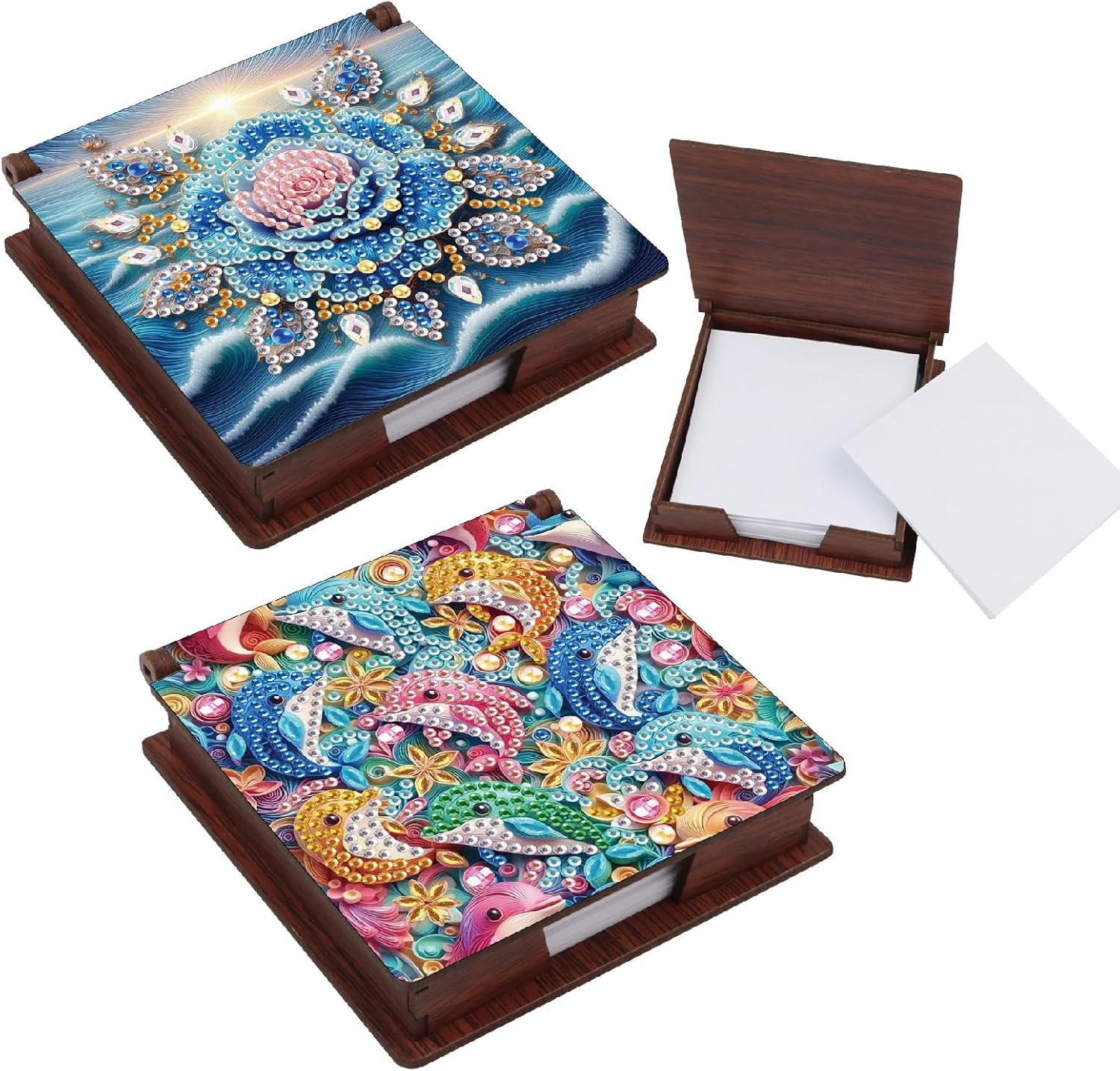 2Pcs Memo Paper Storage Box Diamond Art Painting Wooden 4.3x4.3 in Sticky Note Holder for Desk Organizer Notepad Holder with 160 Sticky Notes Office Supplies Accessories-01