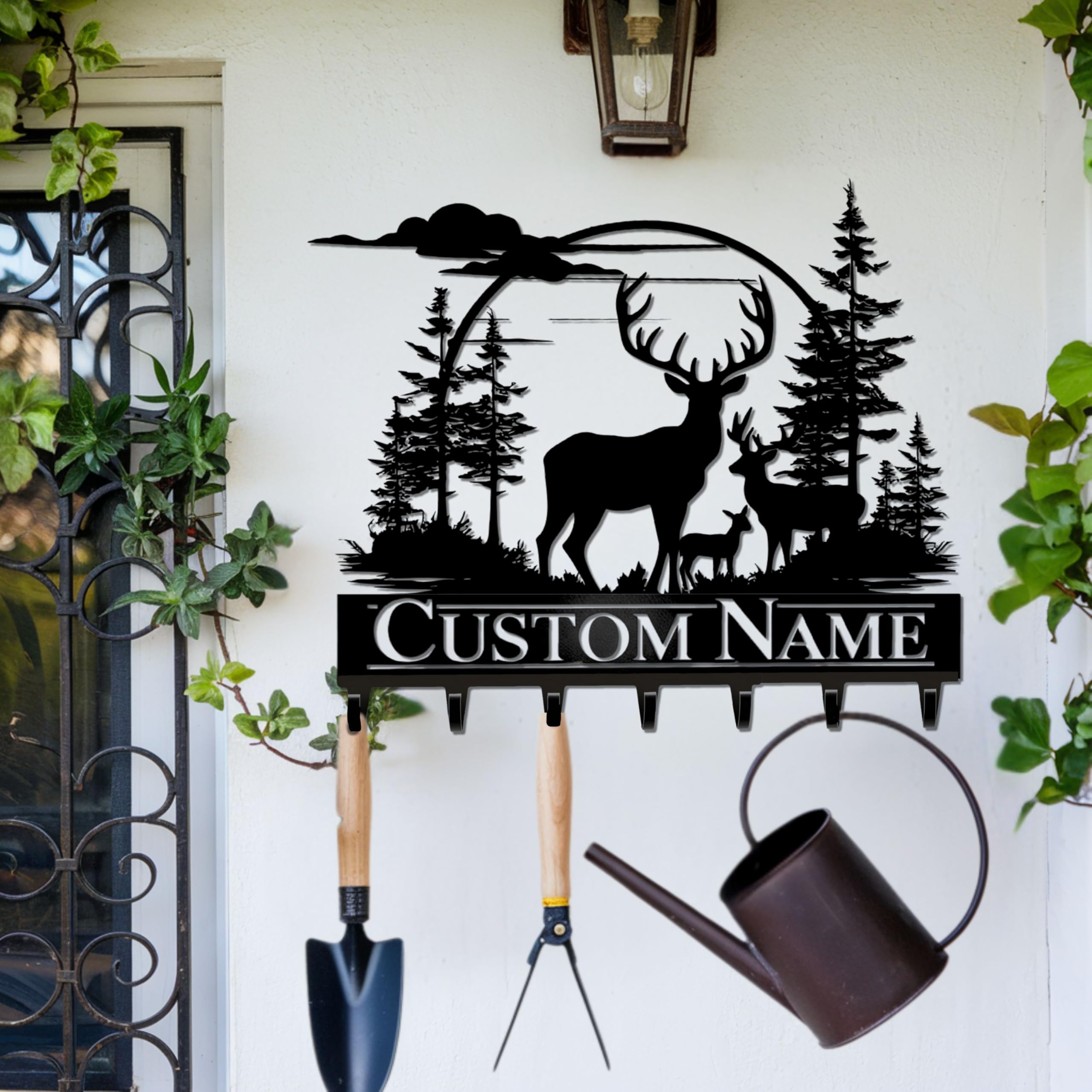 LOWACOS Personalized Key Holder for Wall, Custom Metal Deer Cabin Key Hooks, Farmhouse Deer Wall Decor, Rustic Keyholder Decor for Doorway, Garage, Kitchen, Custom Key Rack Organizer, Metal Coat Rack