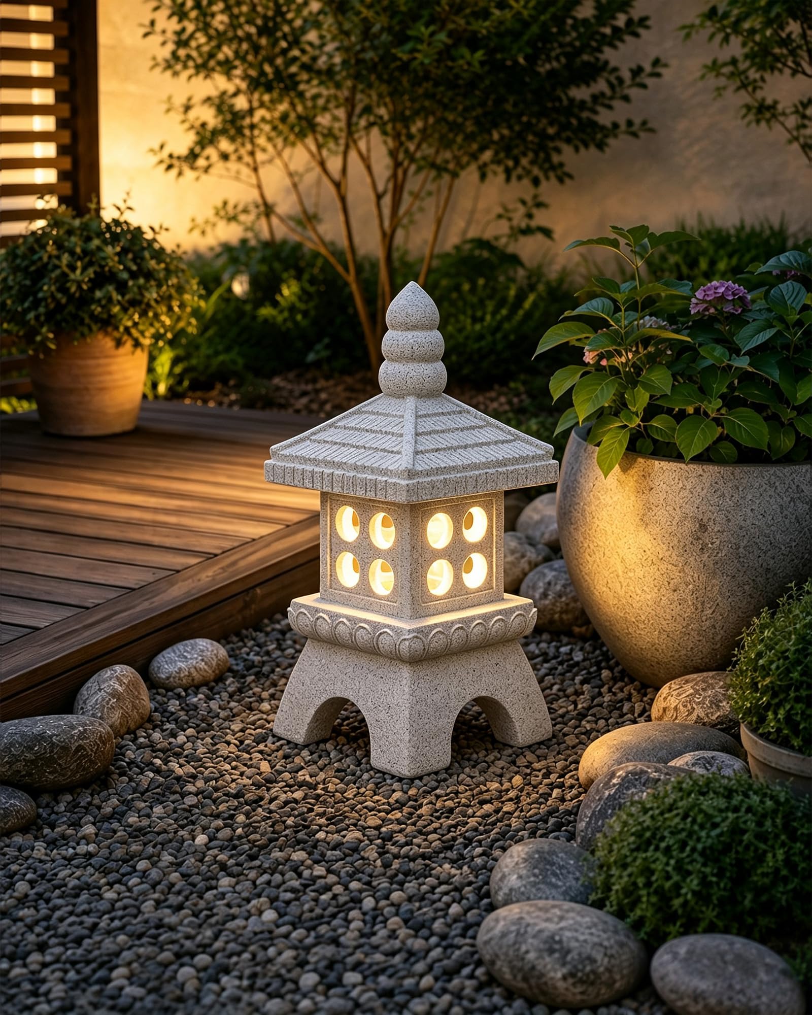 Yeomoo Pagoda solar con iluminación LED decorativa grande – piedra zen decoración de jardín de resina para jardín, terraza e interior – resistente a la intemperie, figura de jardín zen regalos para