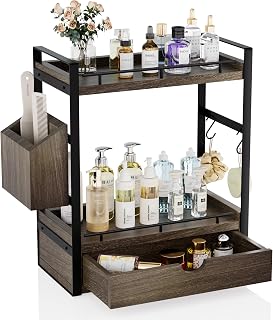 2 Tier Bathroom Counter Organizer with Drawer, Storage Basket | For Vanity, Skincare, Makeup, and Daily Essentials, Wood and Metal Shelves, for Bathroom Sink, Kitchen, Office(Dark Brown)