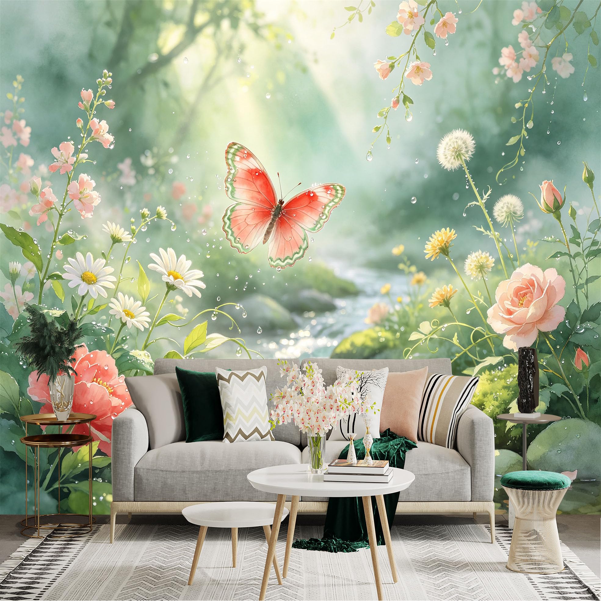 Lnzczhyre Bh260719134 Custom Size Wall Sticker Mural， Pink Butterfly In Magical Forest， Blooming Flowers And Sparkling Stream， For Wall Decoration， Peelandstick Wall Decals.