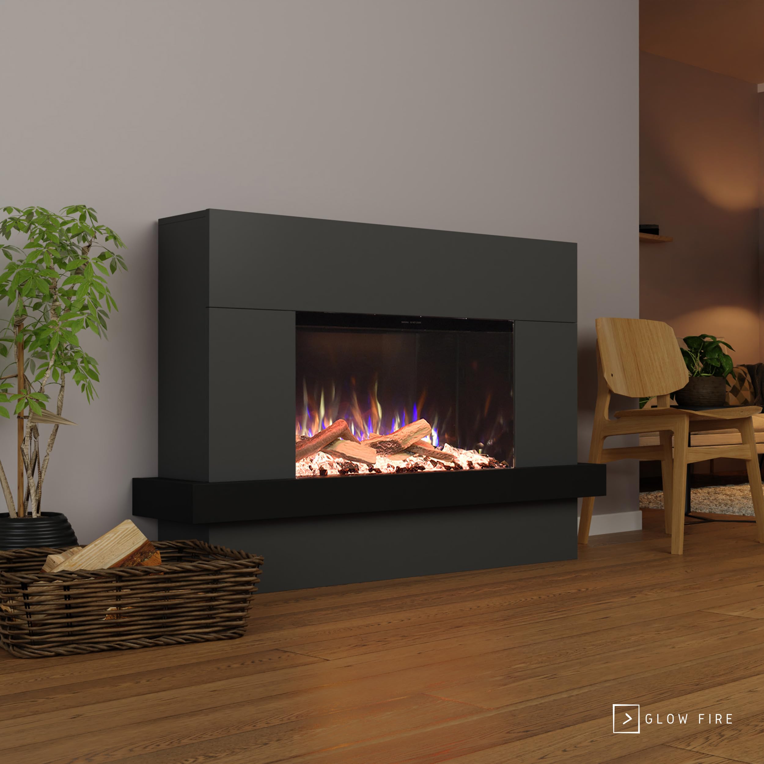 GLOW FIRE Stufa a camino PR9 con fiamme LED 3D E-Motion realistiche - Caminetto elettrico da terra con riscaldamento, fuoco da camino, timer, max 1500 W, 150x100x37 cm, Grigio