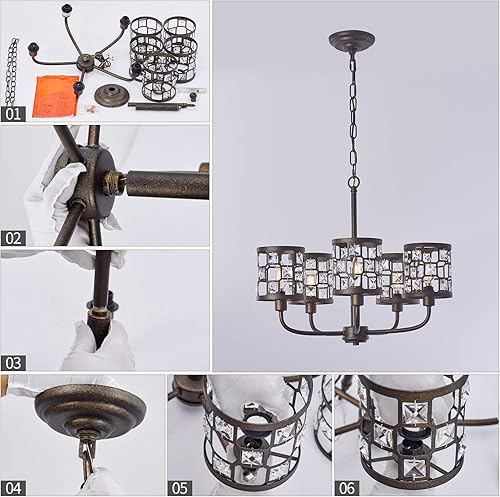 Miniatura 3 de BZZMMB Lámpara de araña industrial de granja, 5 luces ajustables en altura ajustable, lámparas colgantes para sala de estar y dormitorio