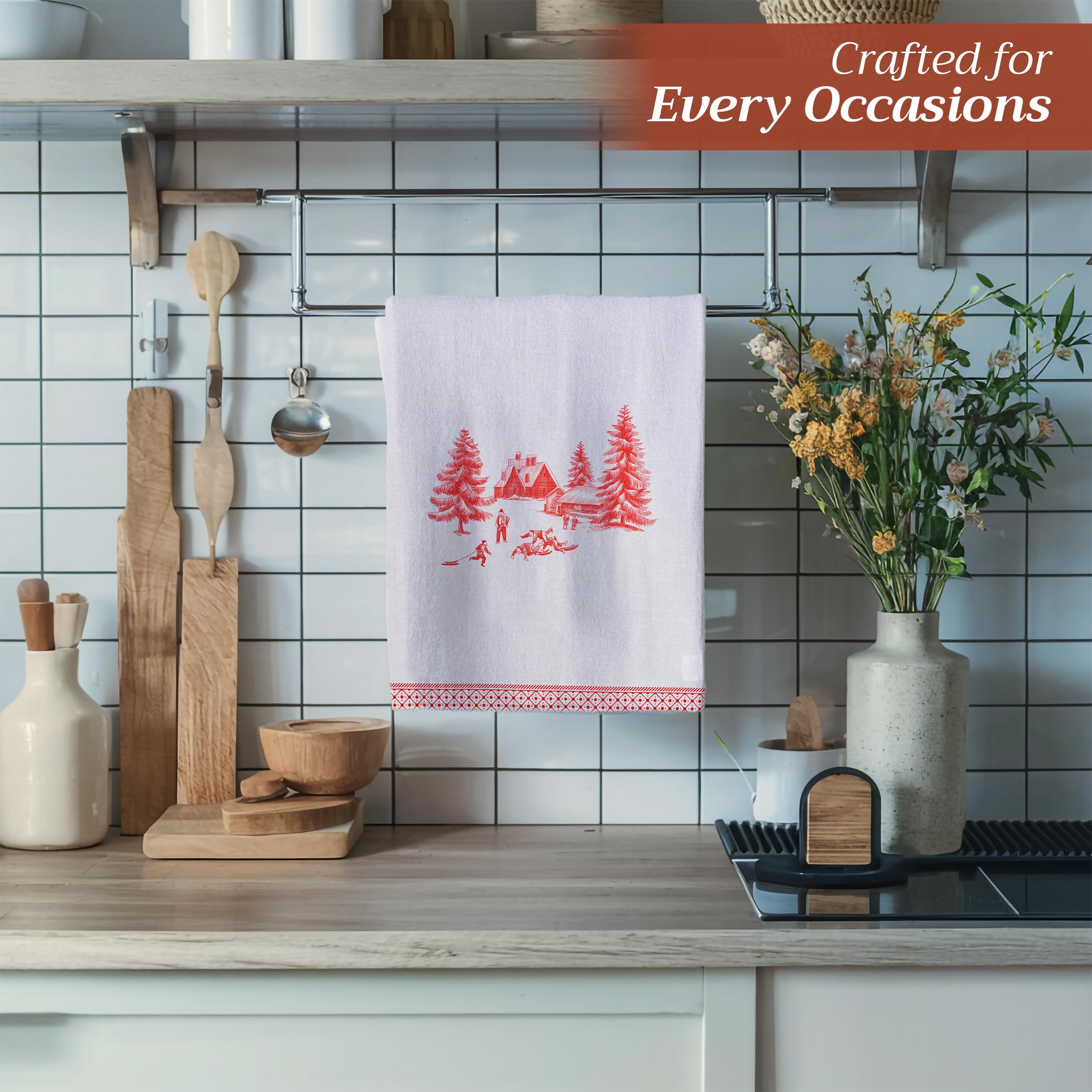 Maison d' Hermine Kitchen Towels Set of 3 100% Cotton 70 CM x 50 CM Reusable Cloth Tea Dish Towels Absorbent with Hanging Loop for Kitchen Dining Christmas Decorations (Winter Jouy) - Image 2