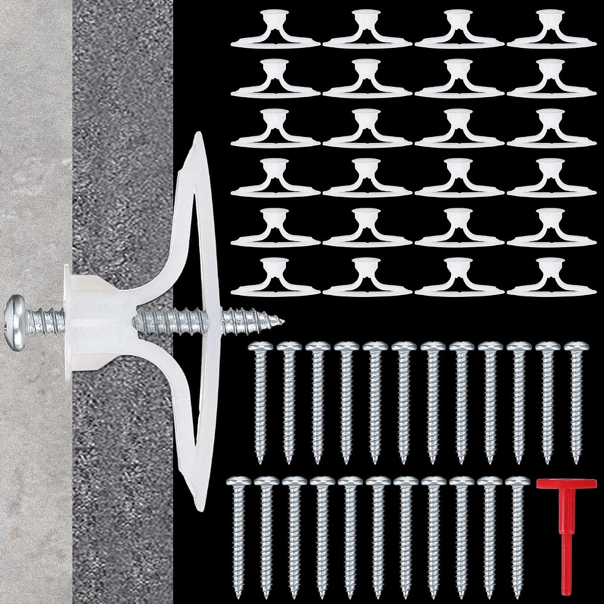 25 Sets Drywall Anchors and Screws Kit, Heavy Duty Hollow Wall Anchor with Red Key for 5/8" to 3/4" Plasterboard, Self Drilling Plastic Expansion Bolts for Hanging, Zinc Screws Included