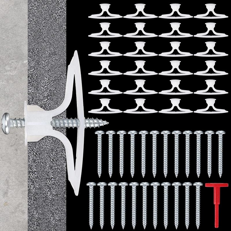 25 Sets Drywall Anchors and Screws Kit, Heavy Duty Hollow Wall Anchor with Red Key for 5/8" to 3/4" Plasterboard, Self Drilling Plastic Expansion Bolts for Hanging, Zinc Screws Included