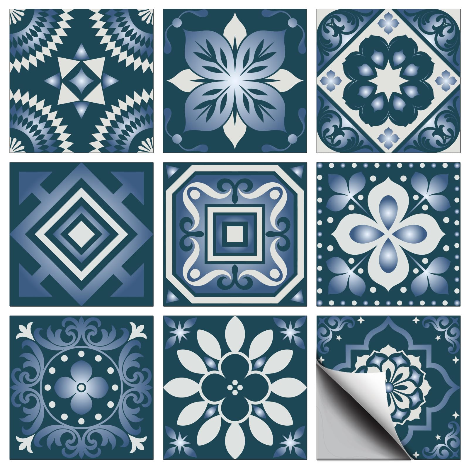 CONCHLERY 36 Pcs 9 Styles Grey Floral Patten Tile Sticker Wall Tile Stickers Geometric Moroccan Waterproof Self Adhesive Stick on Decals for Kitchen Bathroom Wall Art 4×4 Inch