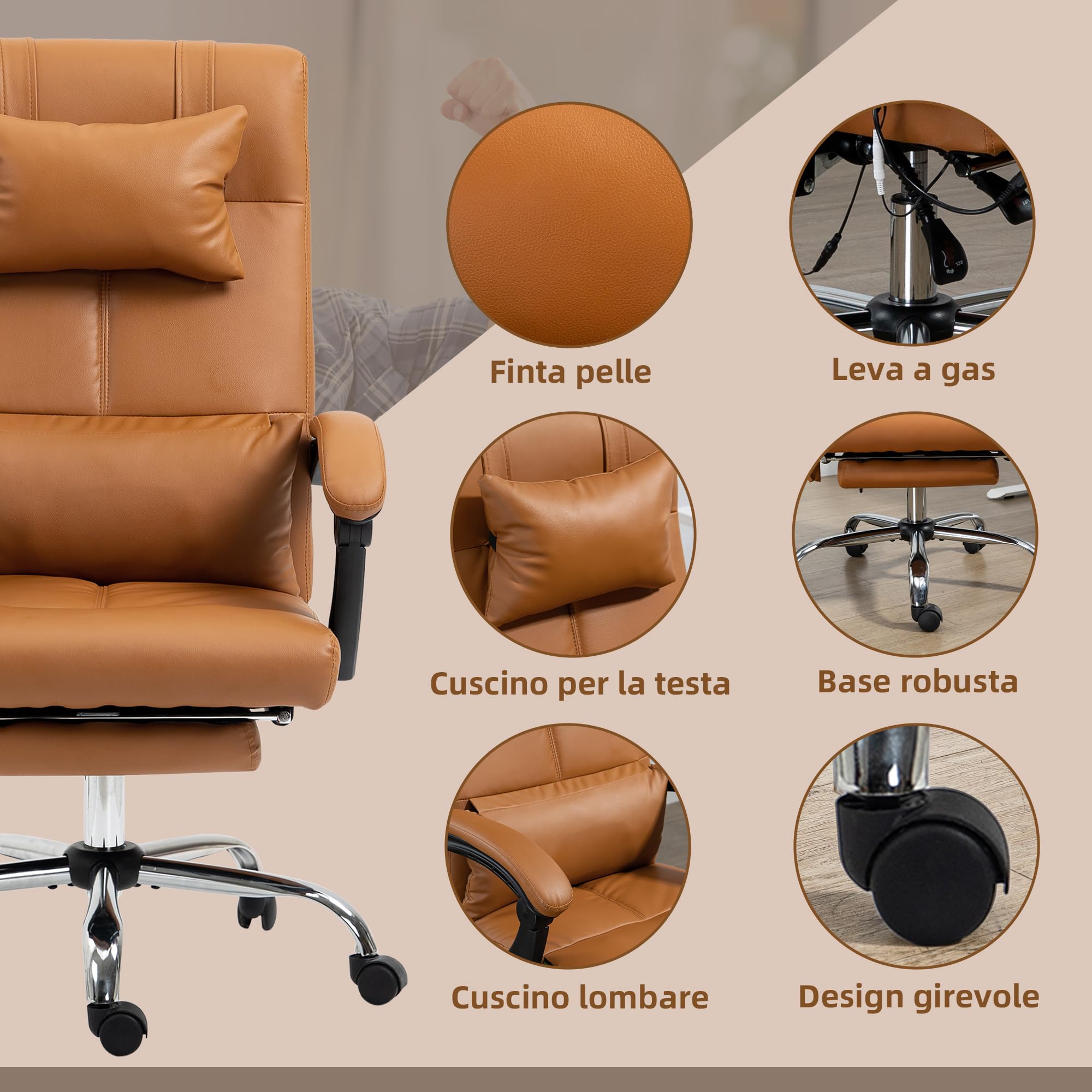Vinsetto Silla de Oficina Ergonómica con Masaje y Calefacción, Silla de Escritorio Reclinable de Altura Ajustable con Respaldo Alto y Reposapiés, Cuero de PU para Ordenadores, Marrón Claro