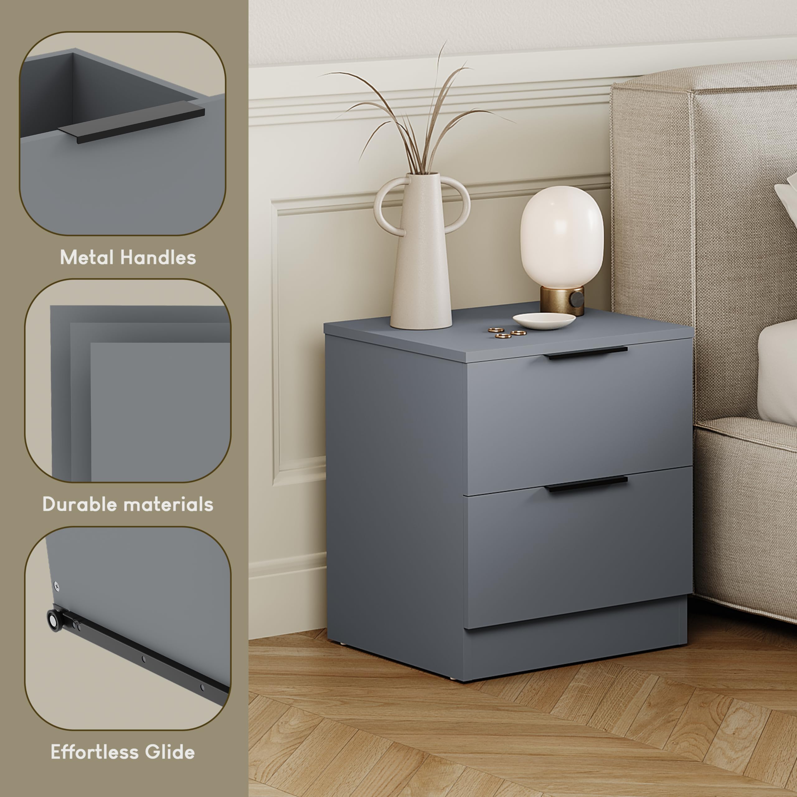 Vida Designs Trega - Comodino a 2 cassetti grigio – Comodino compatto salvaspazio – 41 x 39 x 28 cm – legno ingegnerizzato – cassetti scorrevoli, maniglie nere moderne – ideale per camera da letto e