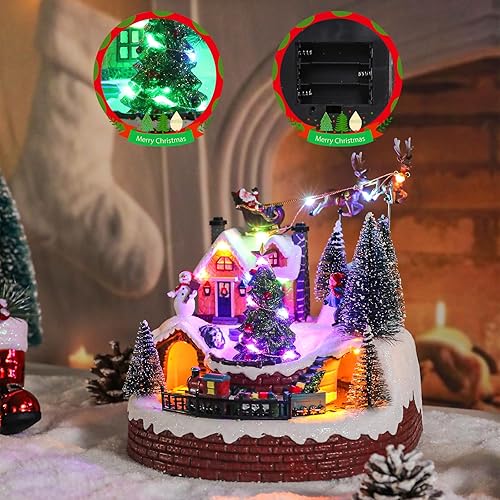 Miniatura 4 de Vipush Decoraciones de Casa de Pueblo Navideño de Resina Juego de Tren con Papá Noel Volador Decoración del Hogar Interior Figuras de Edificios Tren