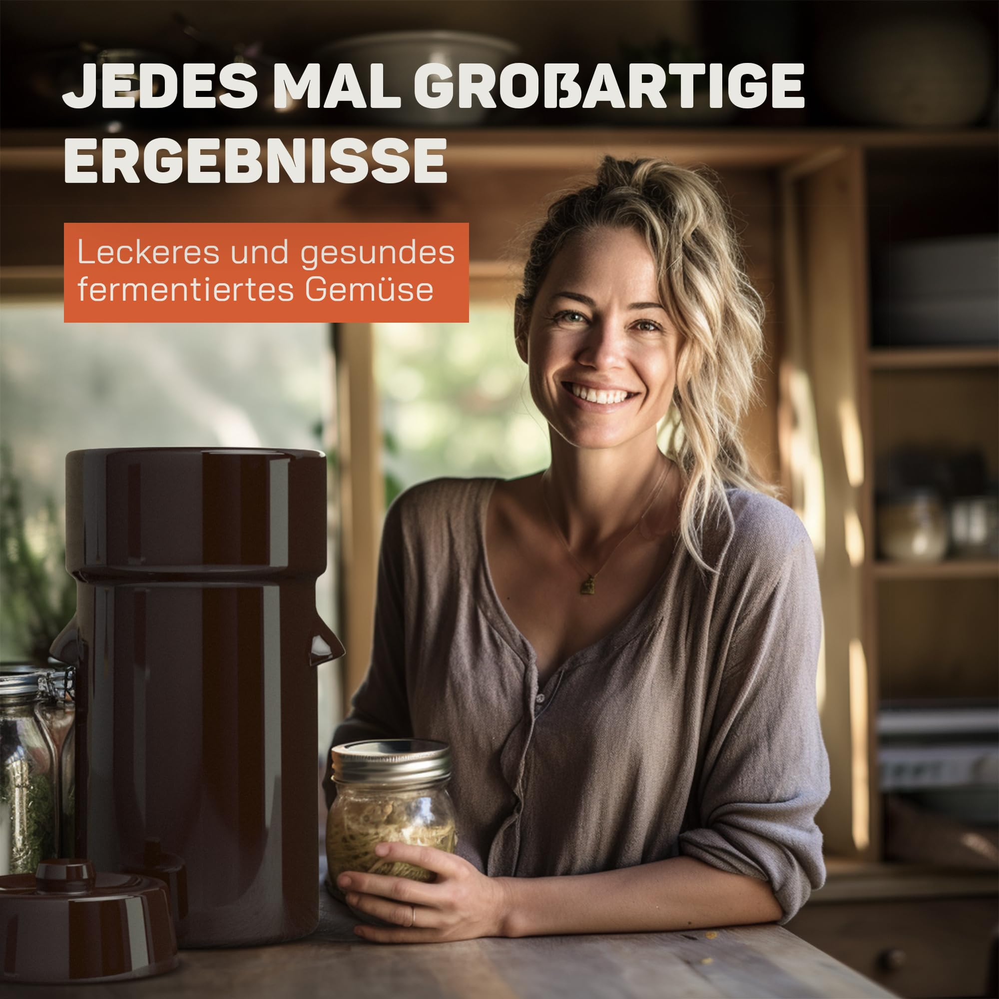 Sauerkrauttopf 4 Liter - Gärtopf zum Einlegen & Fermentieren | Mit Deckel, Krautstampfer & Fermentiergewichte – Gurkentopf Steintopf für Sauerkraut, Kimchi, Gurken - Steingut