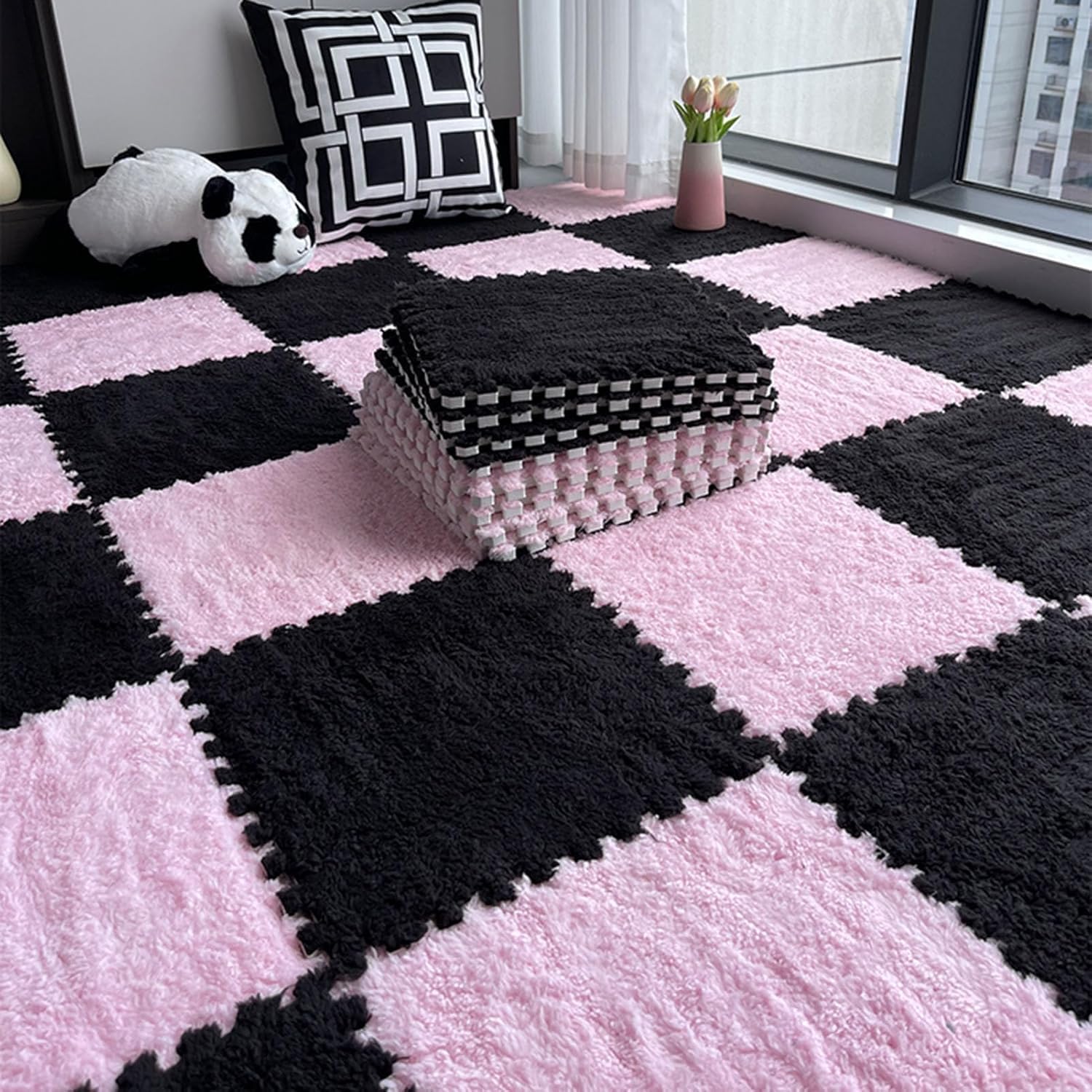 LoiYtrd Plush Foam Puzzle Mat 10pcs 30x30cm Square Interlocking Foam Tiles EVA Soft Foam Floor Mat(Black+Pink)
