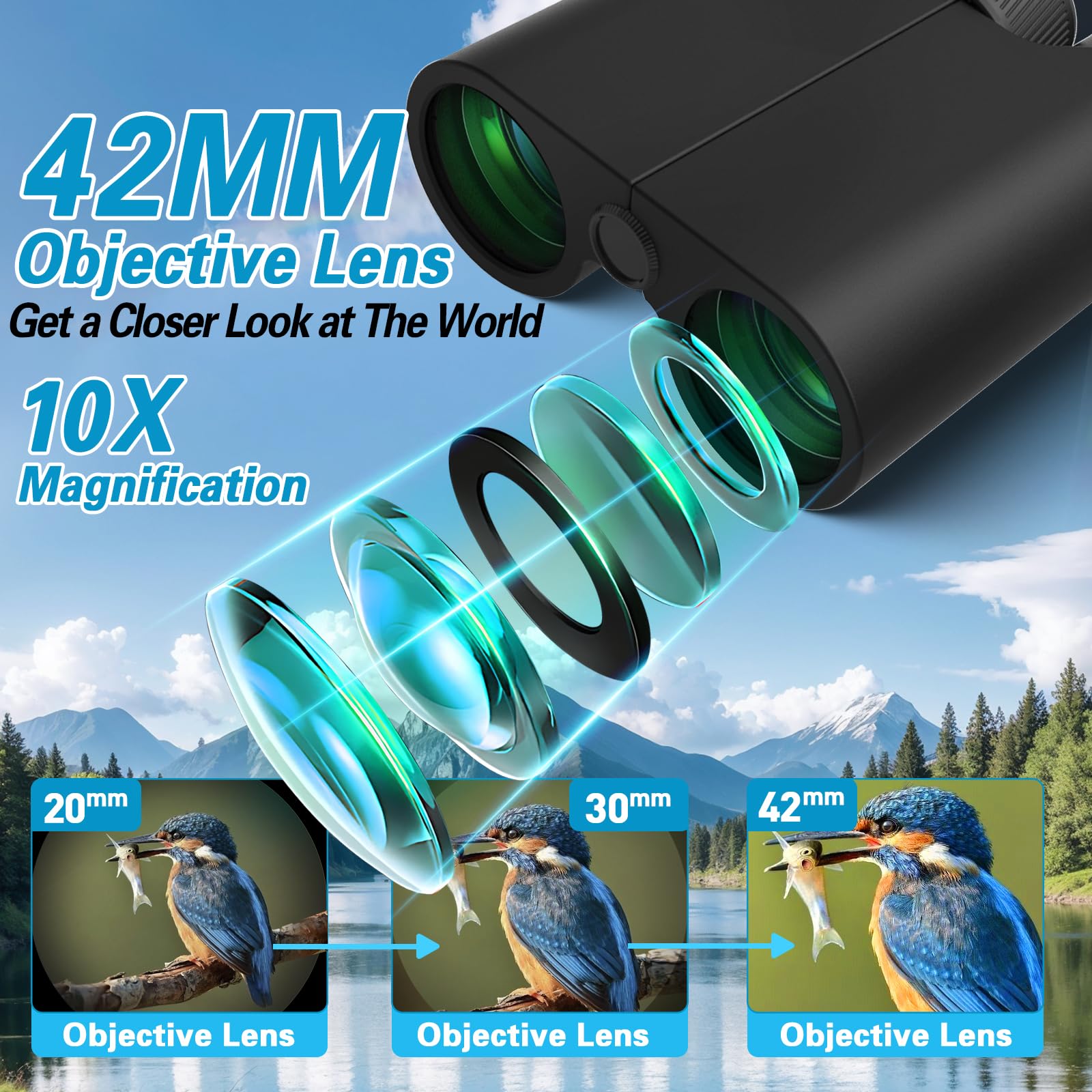 Prismáticos compactos de 10 x 42 pulgadas para adultos, de alta potencia, visión nocturna con poca luz, para observación de aves, caza, viajes, deportes al aire libre