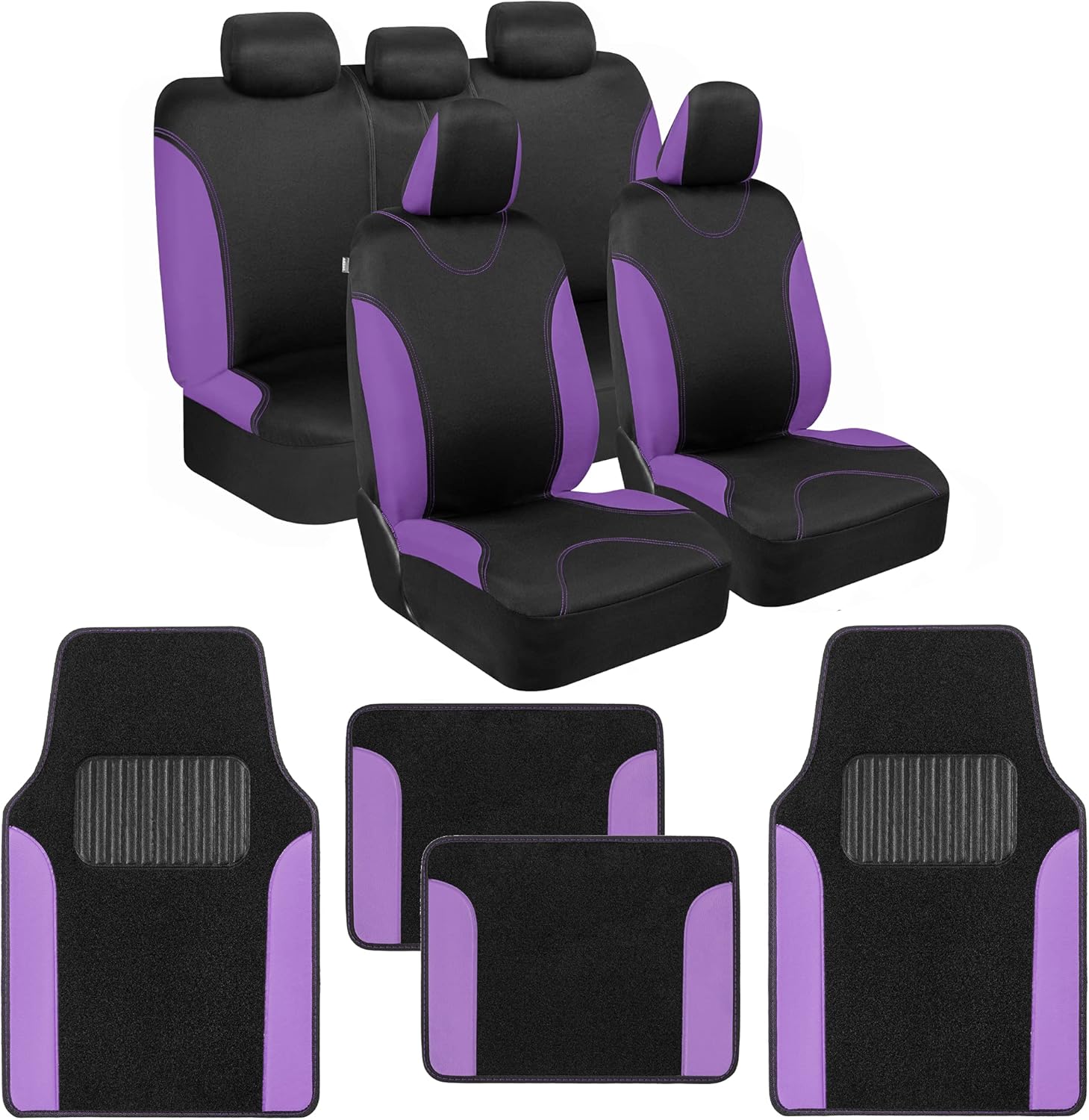 BDK Purple Car Seat Covers with Matching Carpet Floor Mats for Cars Full Set - Front Universal Seat Covers & Back Bench Seat Cover with Automotive Floor Mats - Car, SUV, & Truck Interior Protector