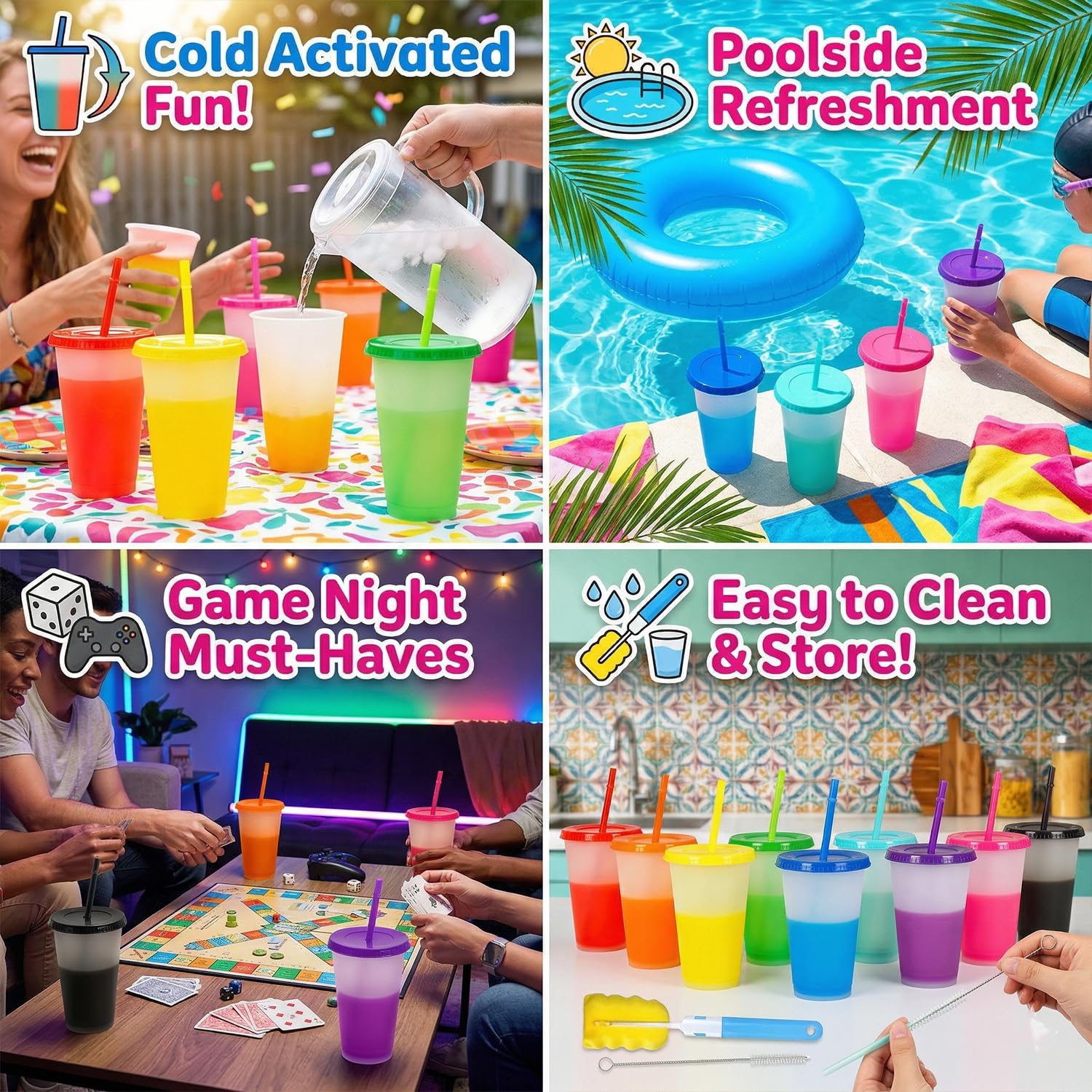 ALINK 9er Set Farbwechsel Becher Kinder 470ml, Wiederverwendbare Plastikbecher mit Deckel & Strohhalm, Magische Party Trinkbecher inkl. Bürsten